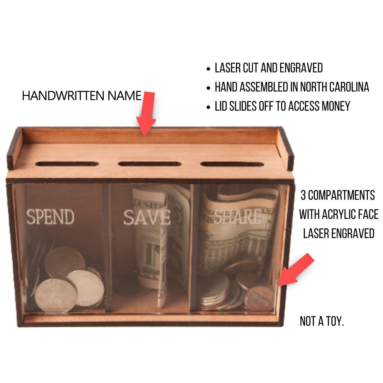 Kids Education Money - Save Money Box 3 Compartments Wooden